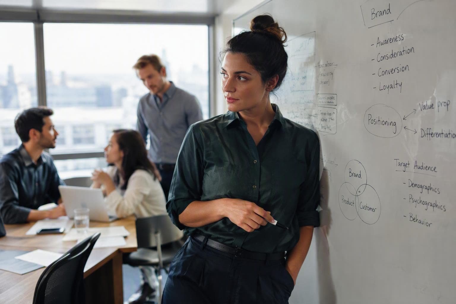 Digital-Branding-Agentur: Stratege bespricht mit Kolleg:innen Markenpositionierung an Whiteboard